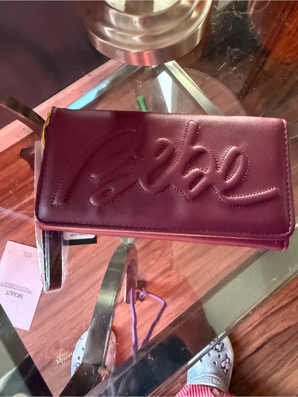 Bebe Script Quilted Wristlet plum NWT